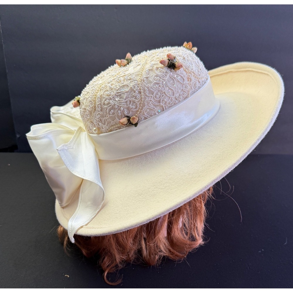 Vintage Sonni Ivory Beaded Lace Wide Brim Wedding Church Hat Satin Bow Floral